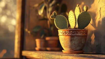 Wall Mural - Warm Evening Glow: Cozy Prickly Pear Cactus in Ceramic Pot on Wooden Shelf