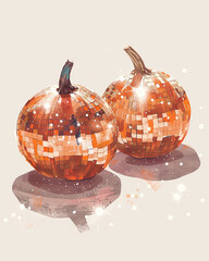 Canvas Print - Two golden pumpkins with a shiny surface. The image has a disco vibe. The two pumpkins are placed next to each other, and they are the main focus of the image