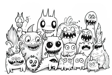 Wall Mural - coloring Black and white cartoon illustration of a group of funny and quirky monsters