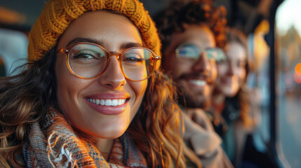 A young cheerful woman with her friends is traveling on a city bus. Comfortable and affordable urban transport concept.