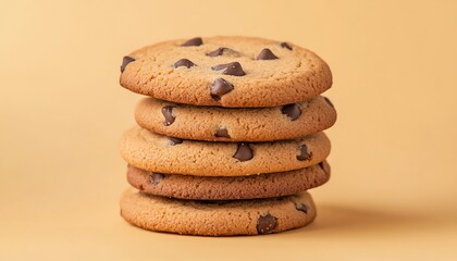 Wall Mural - Stack of Five Chocolate Chip Cookies on Tan Background