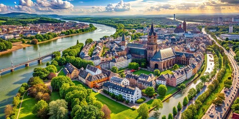 aerial view of mainz, germany, showcasing the city's medieval architecture, winding rhine river, and