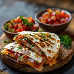 Mouthwatering Quesadilla with Homemade Salsa  Melted Cheese  and Crisp Tortilla   Mexican Cuisine Favorite for Lunch  Dinner or Snacking