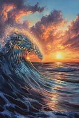 Wall Mural - illustration of sunset wave generative ai