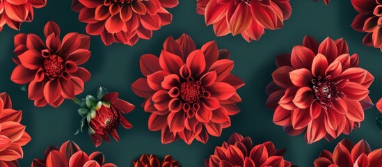 dahlia flower pattern on dark green background