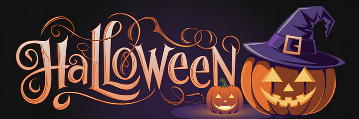 Wall Mural - Halloween Pumpkin with Witch Hat and Swirling Text