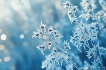 Frozen aise weed plants with icicles. Winter background.