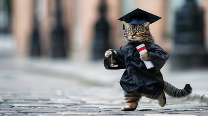 A walking cat student in a graduation cap and gown, holding a diploma, with a proud and happy expression. This image is perfect for graduation stickers or party decorations