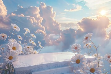 Wall Mural - Product podium with a daisies sky backgrounds outdoors.