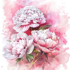 Wall Mural - Romantic Pink Peony Flowers Watercolor Illustration with Aroma Essential Oil Bottle on White Background