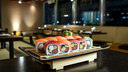 A close-up of colorful sushi rolls with fresh fish and rice on a plate, set against a soft, ambient Japanese restaurant background. 