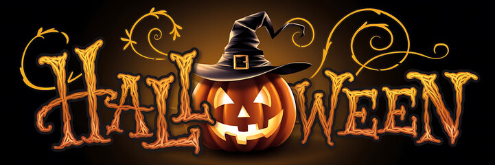 Wall Mural - Halloween Jack o' Lantern with Witch Hat and Swirls Graphic Design