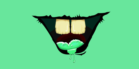 Wall Mural - Vector cartoon funny zombie monster mouth with rotten teeth isolated on green background. Vector happy Halloween kids t-shirt design template with funky monster mouth