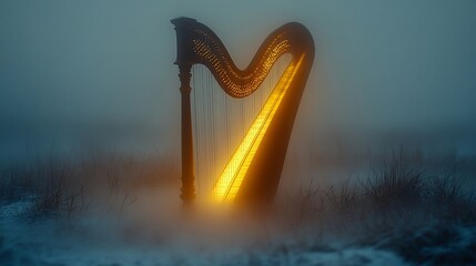 Wall Mural - celtic harp softly glowing a twilight ethereal mist
