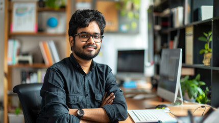 portrait of a male Indian graphic designer working in modern office, Indian tech worker in office 