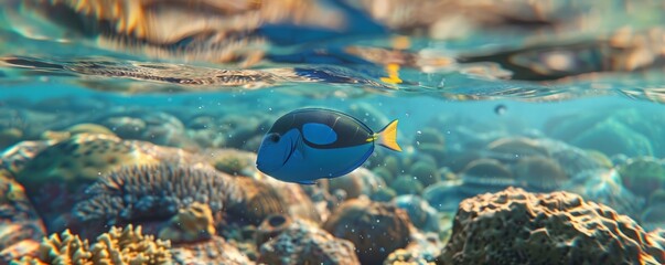 Wall Mural - Blue tang fish swimming in tropical waters, 4K hyperrealistic photo