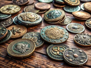 Ancient worn coins with faded patina and intricate designs scattered across a modern wooden desk, conveying a sense