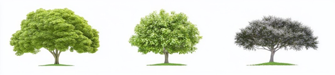 An illustration of tall trees with leaves and branches isolated on a transparent or white background, in 3D