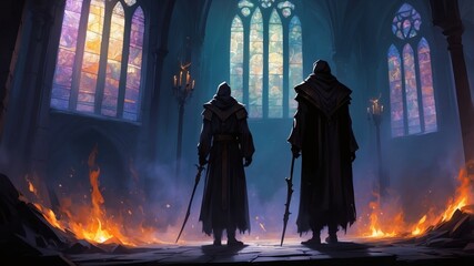 Scene as from the game RPG mystical monks in the dark temple