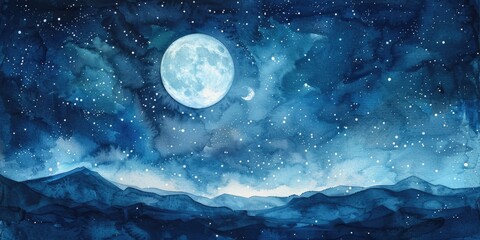 Starry Night Sky. Watercolor Painting of Dreamy Night Sky with Full Moon