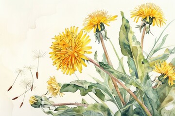 Wall Mural - Sunny Meadow Dandelion Oil Extract - Watercolor Herbal Illustration