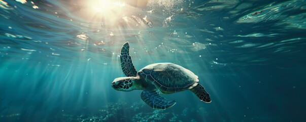 Wall Mural - Serene sea turtle gliding near sunlit surface, 4K hyperrealistic photo