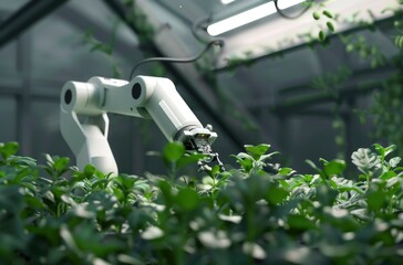 A close-up shot of a robotic arm tending to plants in a greenhouse, showcasing the advancements in agricultural technology and the automation of farming practices.