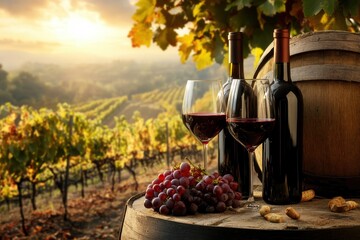 sunset wine tasting in vineyard with grapes and barrels, two wine glasses and two bottles of wine