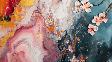 Wall Mural - Abstract Painting with Pink Flowers and Swirling Marble Patterns