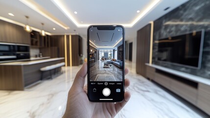 Sticker - A Hand Holding a Smartphone Capturing a Modern Living Room Interior