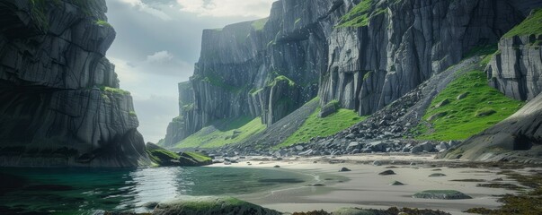 Wall Mural - Dramatic cliffs rising above a secluded beach, 4K hyperrealistic photo