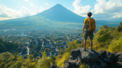 Strong and confident man standing on to a mountain. Fit active lifestyle concept. Positive man celebrating on mountain top, with arms raised up, Goal, successful, achievement. Strong and confident man