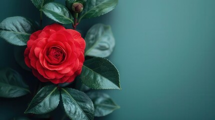 Single red camellia flower with green leaves on teal isolated background in minimal design.