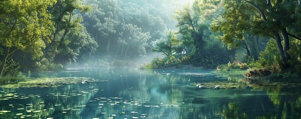 Placid lake surrounded by lush greenery, 4K hyperrealistic photo