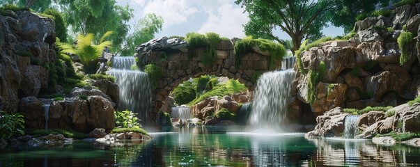 Wall Mural - Waterfall with a natural arch bridge formed by rock formations, 4K hyperrealistic photo