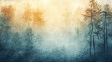 Wall Mural - Silhouette of Trees in a Foggy Forest with a Golden Glow