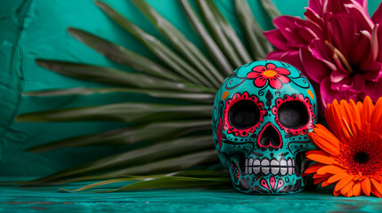 Poster - Day The Dead Celebration Sugar Skulls And Flower