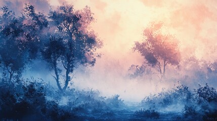 Canvas Print - Silhouetted Trees in a Misty Forest at Sunset