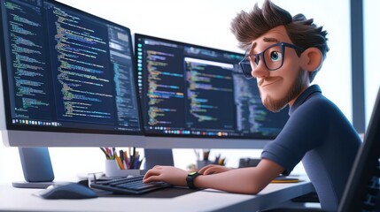 A 3D cartoon software developer character coding on a computer, with multiple screens and a focused look, on a white background 