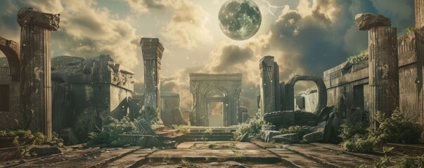 Wall Mural - celestial navigation through ancient ruins, 4k hyperrealistic photo