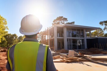 Poster - Female architect wearing hard hat sunlight standing hardhat.