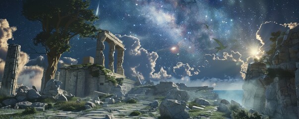 Wall Mural - celestial navigation through ancient ruins, 4k hyperrealistic photo