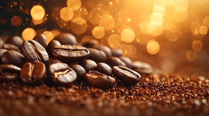 Close-up of roasted coffee beans on a brown surface with a blurred bokeh background.