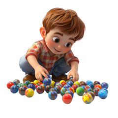 Happy Boy Playing with Colorful Marbles