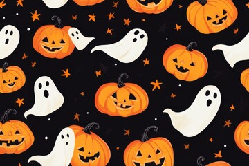 halloween seamless pattern featuring smiling pumpkins, cute ghosts, and orange stars on a black back