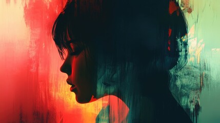 Poster - A Woman's Profile Silhouetted Against a Red and Green Abstract Background