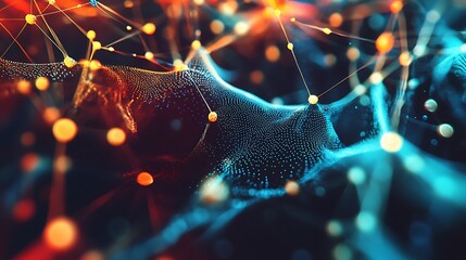 Poster - A close-up of a digital network with glowing blue and orange nodes connected by lines, creating a dynamic and abstract background.