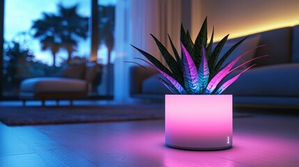 Sticker - Illuminated Plant in a Modern Living Room with Pink and Blue Lighting