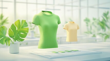 A stylish display of vibrant green and yellow t-shirts in a modern, plant-filled environment, perfect for fashion promotion.