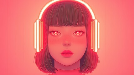 Wall Mural - A vibrant digital portrait of a girl with headphones, immersed in a pink glow, exuding a cool, modern vibe.